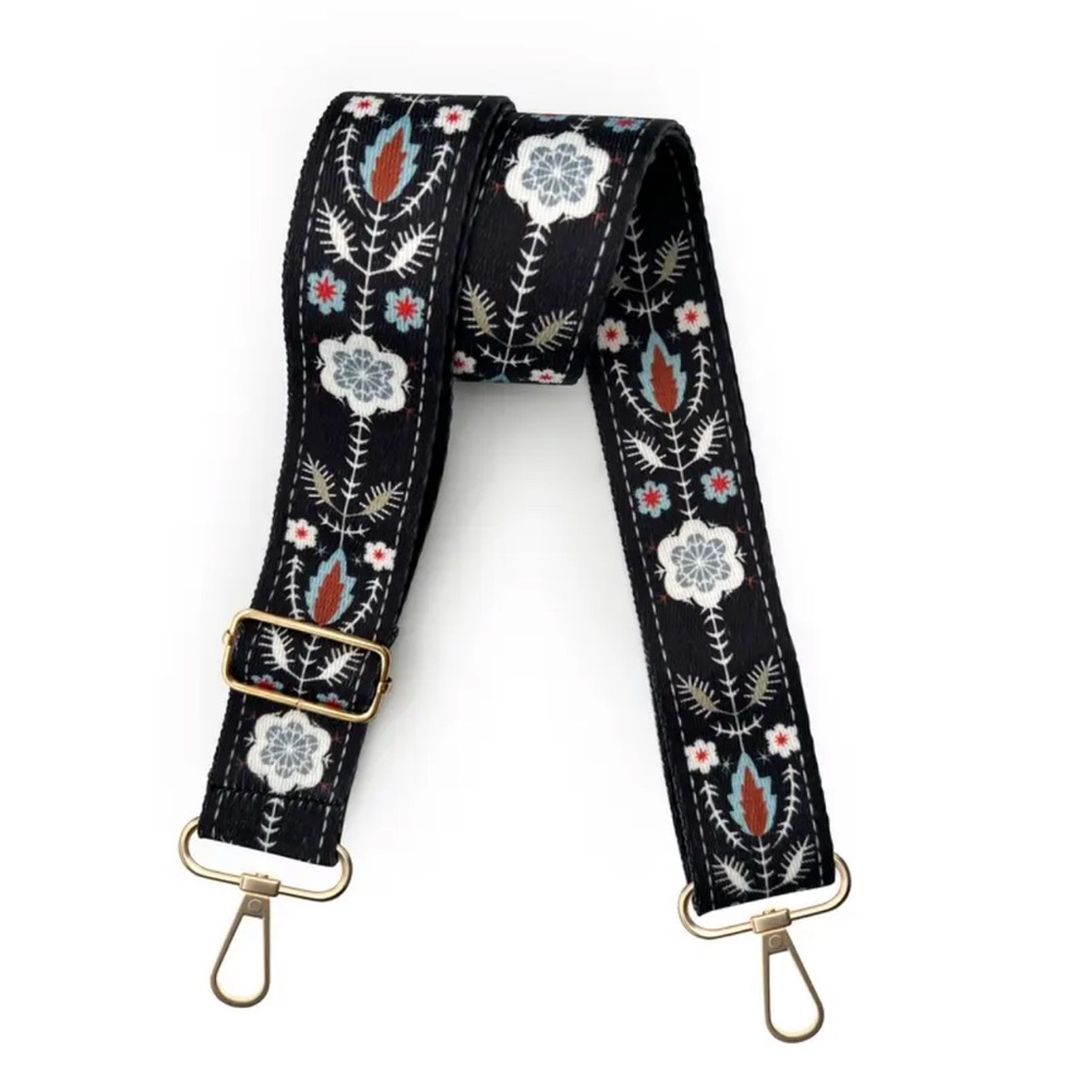Boho Floral Embroidered Adjustable Bag Strap Black Gold Hardware - Picture 5 of 5